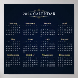 Élégant Calendrier Gold et Blue 2024   Poster