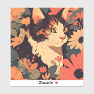 Élégant Calico Chat en Floral Garden Vinyl Sticker