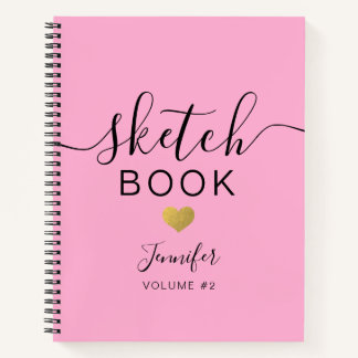 Élégant carnet de croquis Nom du coeur Script Rose