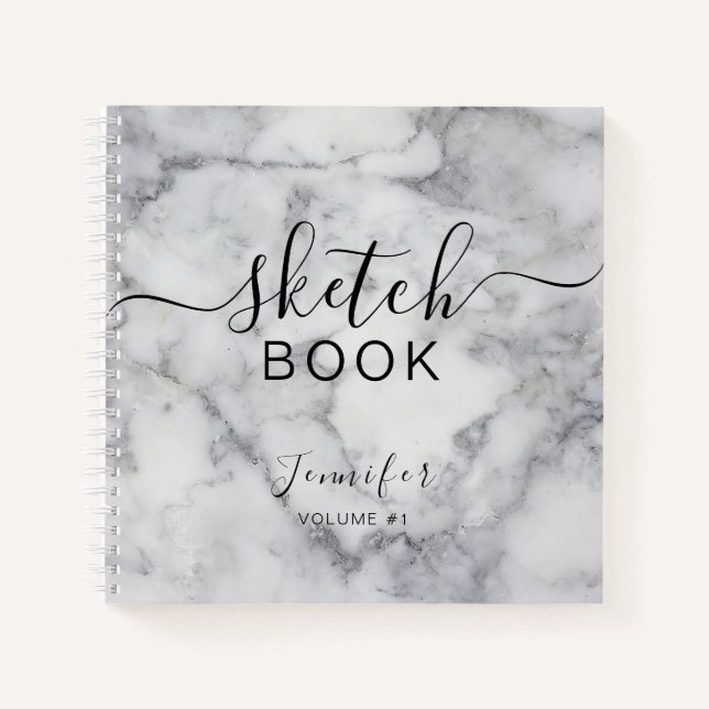 Elégant carnet de croquis Votre nom Script Marble (Devant)
