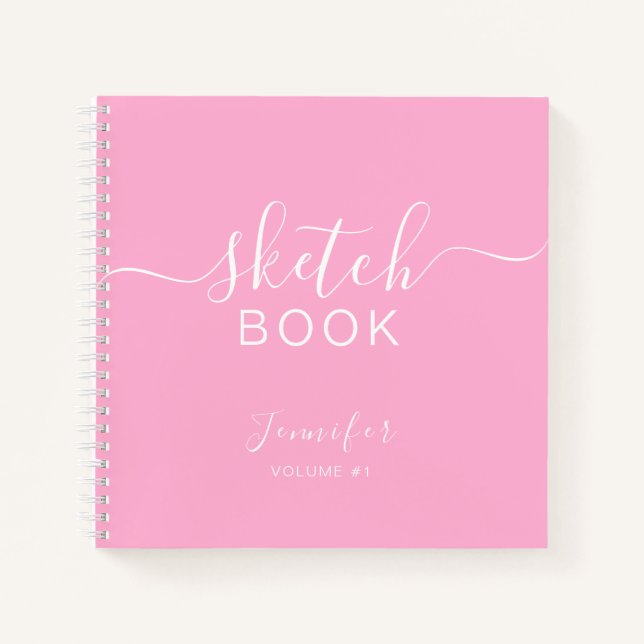 Elégant carnet de croquis Votre nom Script Rose (Devant)