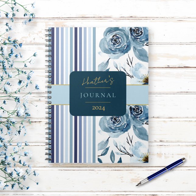 Élégant Carnet de journal floral Bleu Blancs (Créateur téléchargé)