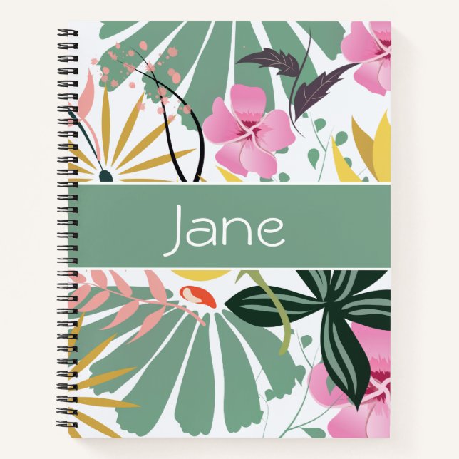 Élégant Carnet floral rose vert personnalisé (Devant)