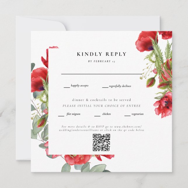 Elégant Carré rouge Floral Mariage QR Code RSVP (Devant)