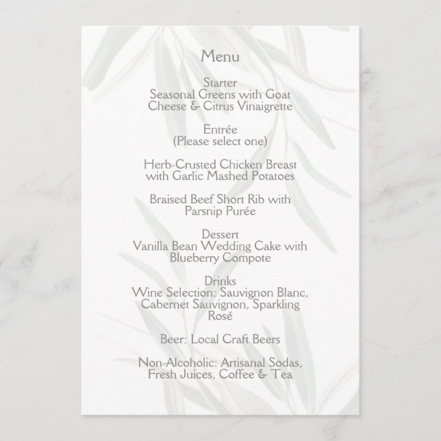 Élégant Carte de Menu Botanique Vert Sauge  (Devant)