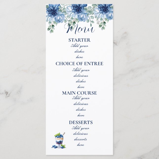 Élégant Carte de Menu Florale Bleue Poussiéreuse d (Devant)