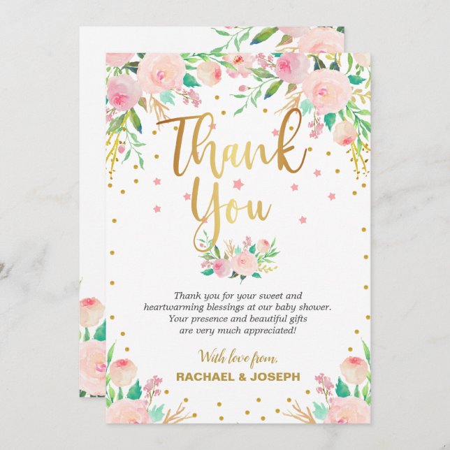 Élégant Carte de remerciements de Baby shower rose (Devant / Derrière)