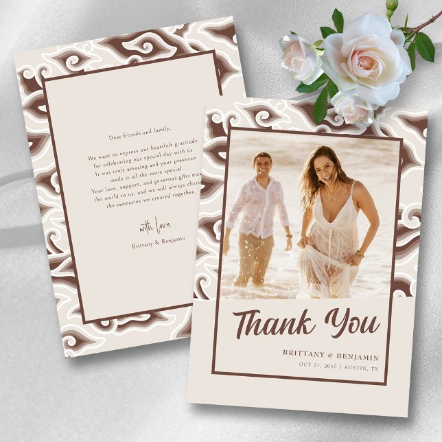 Elégant Carte de remerciements de mariage de plage (Vintage Brown Batik Gratitude Personalized Wedding Thank You Card )