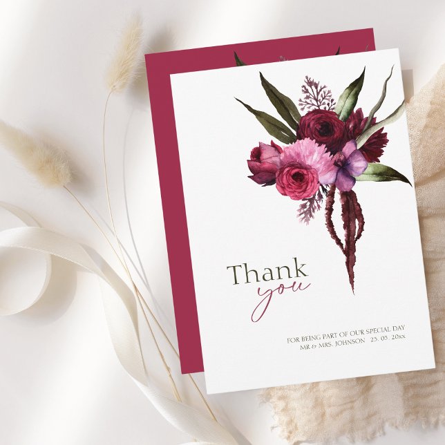 Élégant Carte de remerciements Mariage de Bourgogn (Elegant Burgundy Floral Wedding Thank You Card)