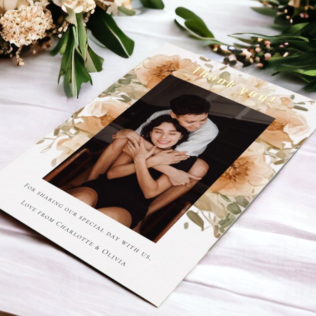 Élégant Carte de remerciements Mariage personnalis (Elegant Personalized Wedding Thank You Card with real foil detail from Ricaso. Add own photograph)