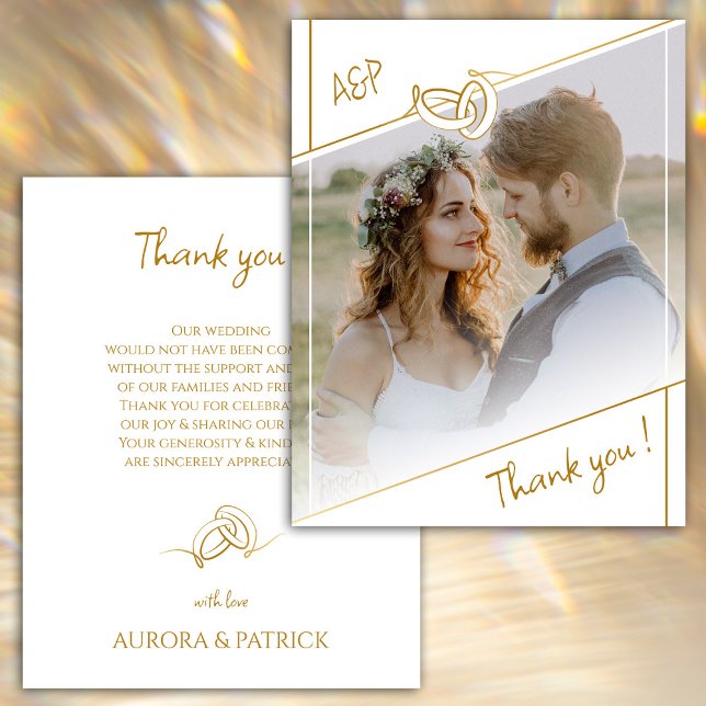 Elégant Carte de remerciements photo Mariage blanc (Elegant White & Gold Photo Wedding Thank You Card)