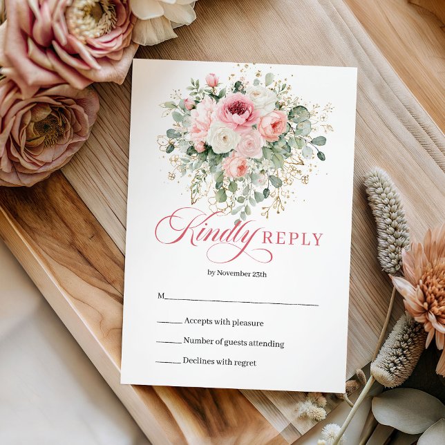 Élégant carte de réponse de mariage floral verdure (Elegant Boho Blush Floral Greenery Wedding RSVP Set)