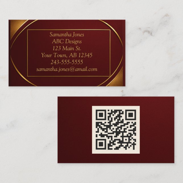 Élégant Carte de visite de code QR Red & Gold (Devant / Derrière)