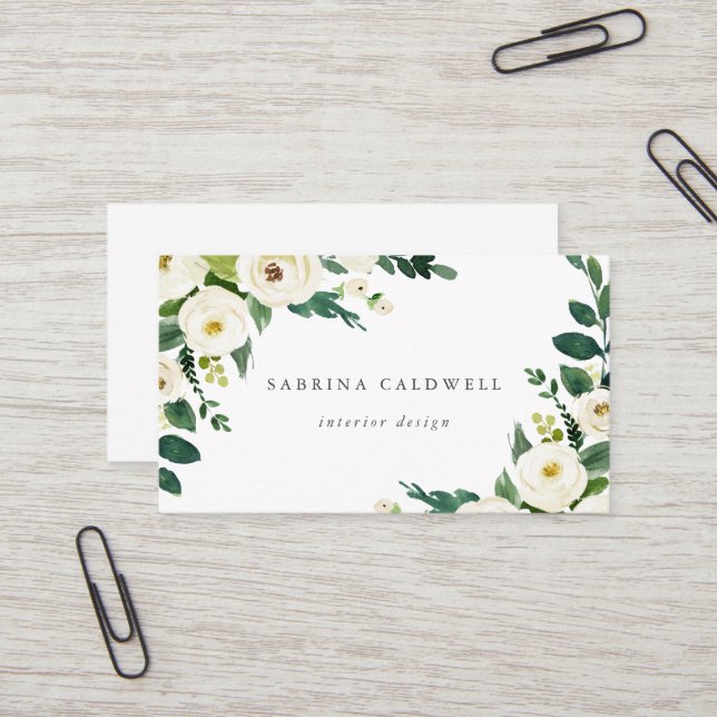 Élégant Carte de visite floral blanc (Devant/Arrière en situation)