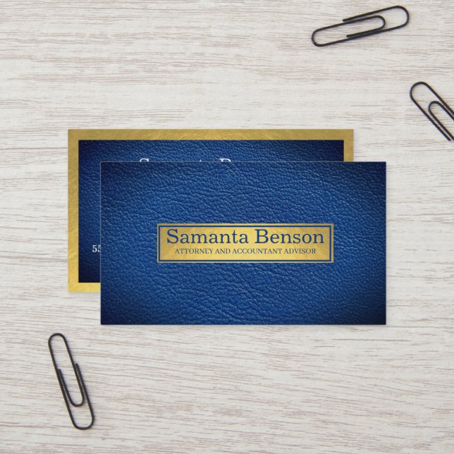 Élégant Carte de Visite Professionnelle en Cuir Bl (Devant/Arrière en situation)