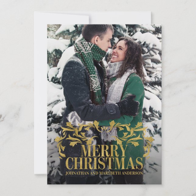 Élégant Carte photo de Noël Ornate Gold Joyeux (Devant)