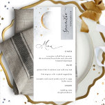 Élégant céleste étoile de lune, menu avec nom d'hô<br><div class="desc">Pourquoi passer à l'endroit cartes et cartes de menu quand vous pouvez avoir un élégant menu céleste tout-en-un élégant personnalisé avec chaque nom d'invité! Contemporain, simple et élégant design avec belle calligraphie manuscrite moderne. Belle aquarelle ciel céleste, avec étoiles et lune. Texte du menu en noir, rayé sur le coin...</div>