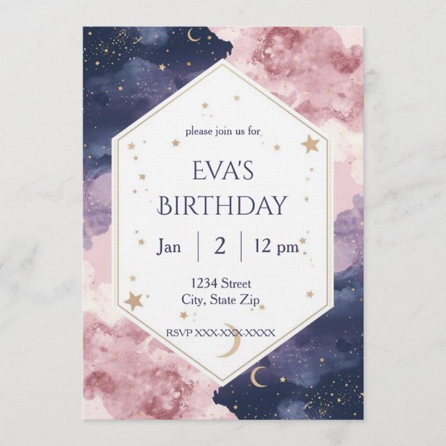 Elegant Celestial Birthday Invitation – Watercolor (Devant)
