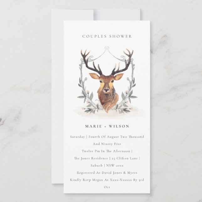 Elégant Cerf Floral Crest Couples Invitation douch (Devant)