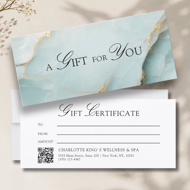 Élégant certificat cadeau code QR en marbre bleu (A Gift for You! Blue Gold Marble QR Code Gift Certificate)