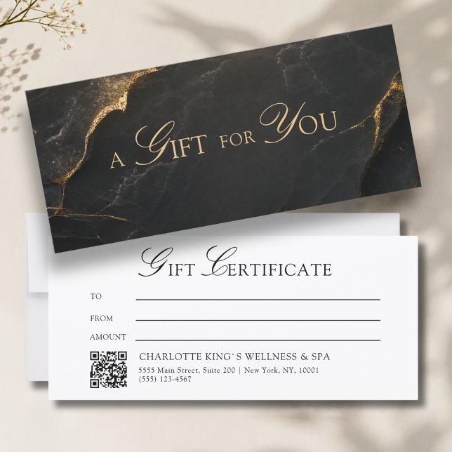 Élégant Certificat Cadeau Code QR en Marbre Noir (A Gift for You! Black Gold Marble QR Code)