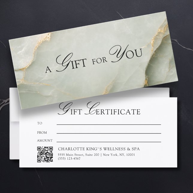 Élégant certificat cadeau code QR en marbre vert s (A Gift for You! Sage Green Gold Marble QR Code)