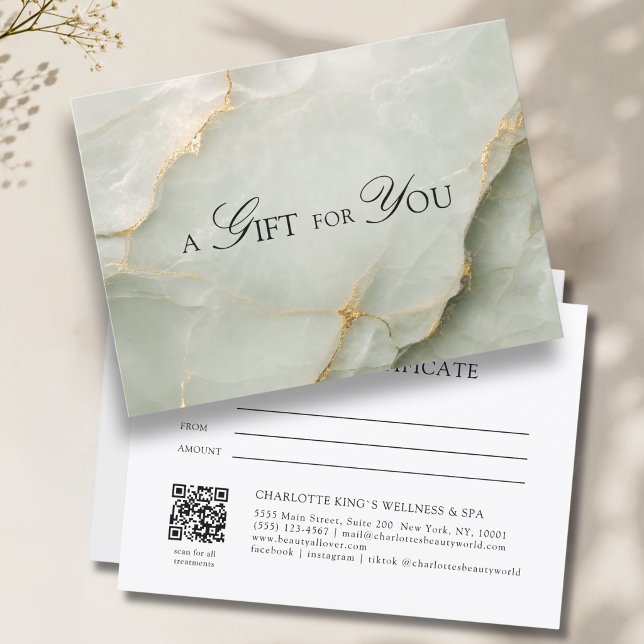 Élégant certificat cadeau code QR en marbre vert s (A Gift for You! Sage Green Gold Marble QR Code Gift Certificate)