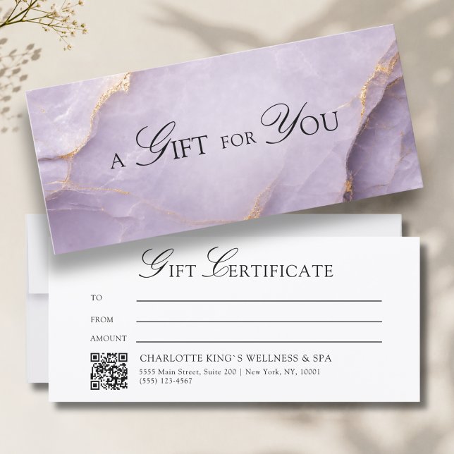 Élégant certificat cadeau code QR en marbre violet (A Gift for You! Custom Violet Gold Marble QR Code)