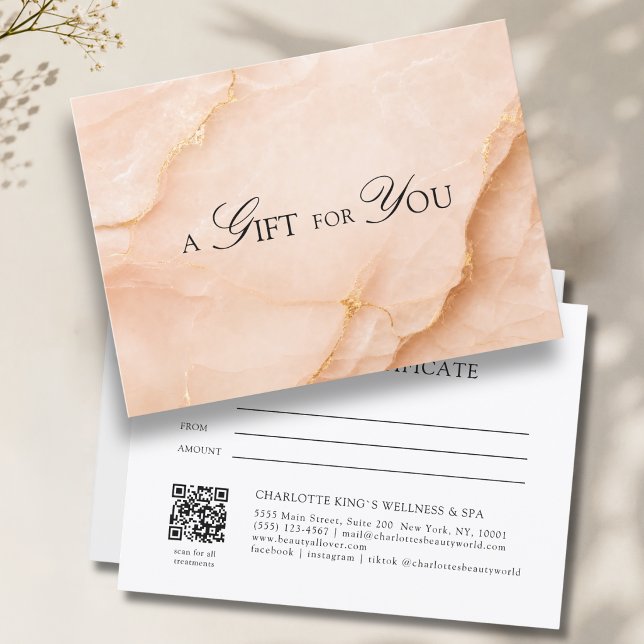 Élégant Certificat Cadeau Code QR Marbre Pêche (A Gift for You! Peach Gold Marble QR Code Gift Certificate)