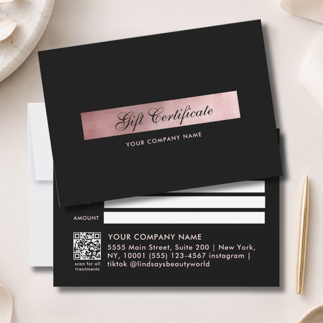 Élégant Certificat Cadeau Code QR Rosé Or Noir (Elegant Black Rosegold QR Code Gift Certficate)