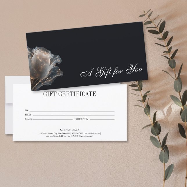 Élégant certificat cadeau moderne professionnel (elegant glitter white rose on the black background, gift certificate)