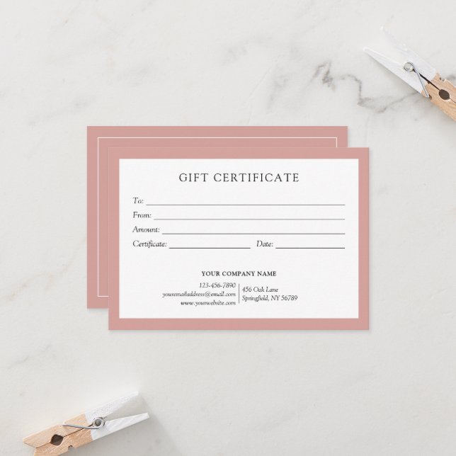 Élégant Certificat Cadeau Rose Poussiéreuse Logo p (Devant/Arrière en situation)