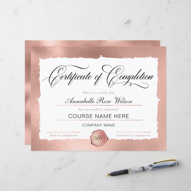 Élégant certificat d'or Rose d'achèvement (Devant/Arrière en situation)