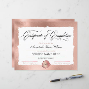 Élégant certificat d'or Rose d'achèvement