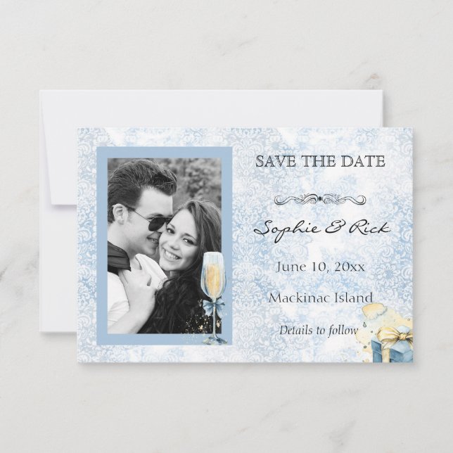 Élégant Champagne Bleu et Blanc Save the Date (Devant)