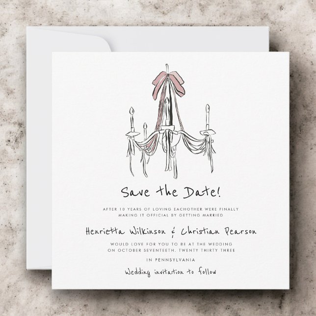 Elegant Chandelier Pink Bow Sketch Save the Date (Créateur téléchargé)