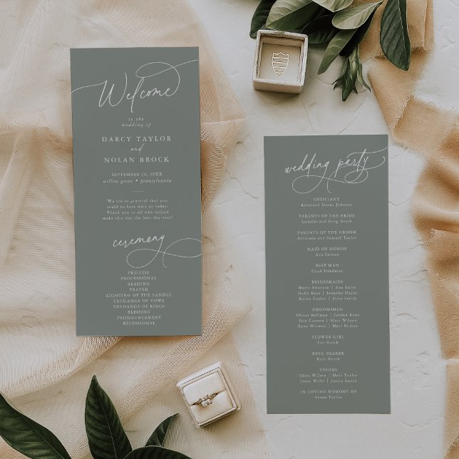 Élégant Charme Plat Dark Sage Wedding Programme (Créateur téléchargé)