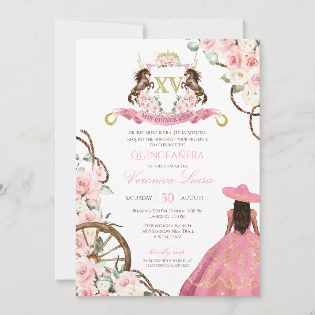 Élégant Charro rose Quinceanera Invitation florale (Devant)