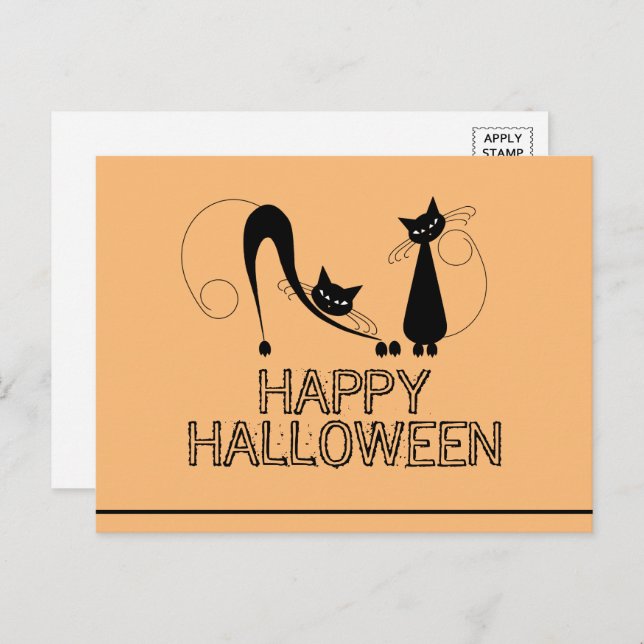 Élégant chat noir, Bonne carte postale Halloween (Devant / Derrière)