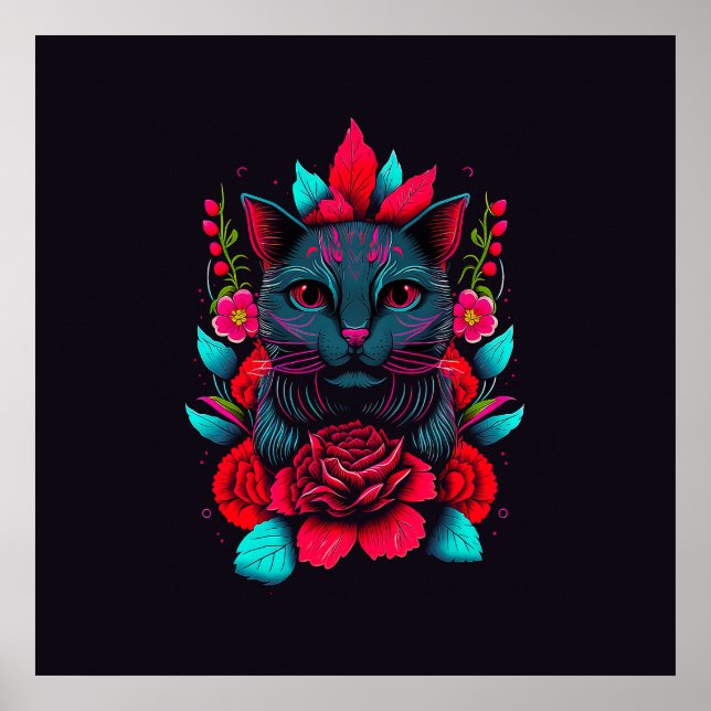 Élégant chat noir entouré de roses rouges | Poster (Devant)