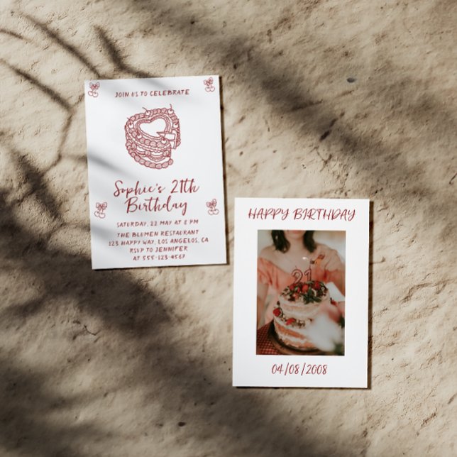 Elegant Cherry Birthday Invitation with Heart Cake (Créateur téléchargé)