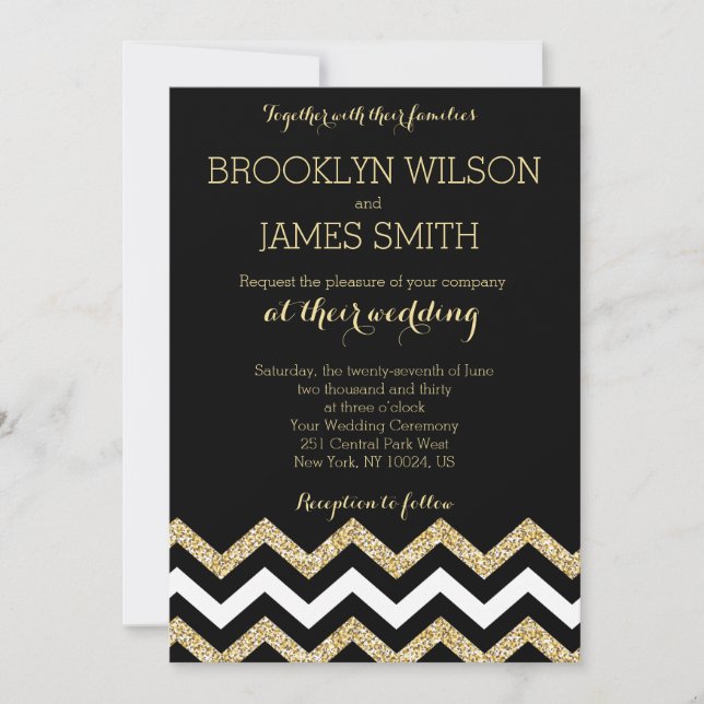 Elégant Chevron Wedding Invitations Or Et Noir (Devant)