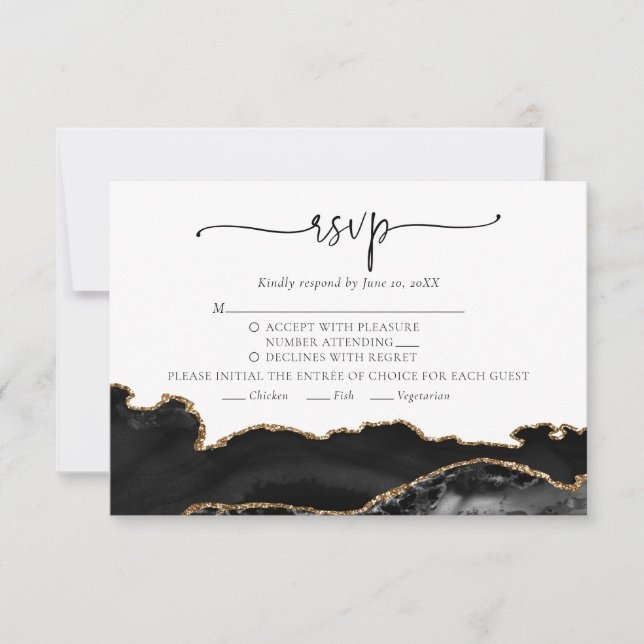 Elégant Chic Black Gold Agate Wedding Carte RSVP (Devant)