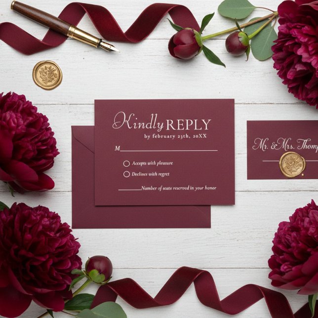 Elegant & Chic Burgundy & Ivory wedding RSVP Card (Créateur téléchargé)