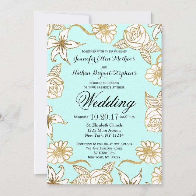 Élégant Chic Gold Mint Flowers Invitations de mari (Devant)