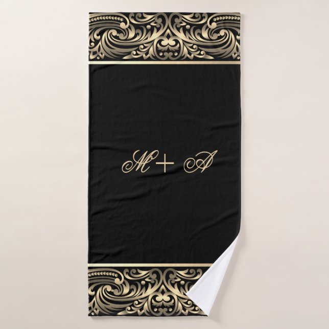Élégant Chic Luxueux Tourbillons Noir Or Monogramm (Serviette de bain)