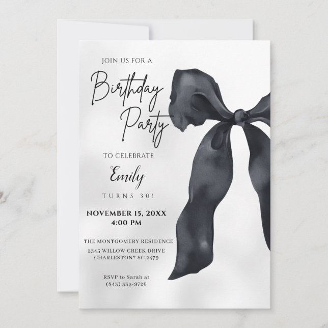 Elegant Chic Modern Black Bow Birthday Invitation (Devant)