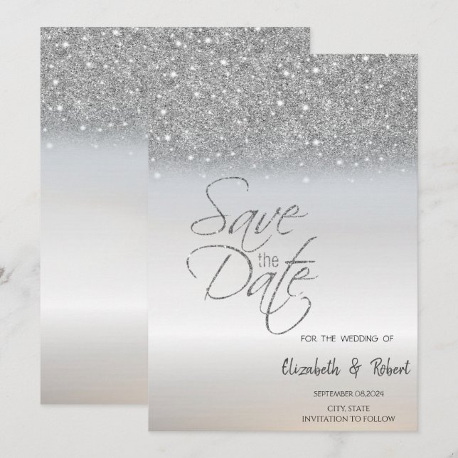 Élégant Chic Pailleté Argent Bokeh Save The Date (Devant / Derrière)