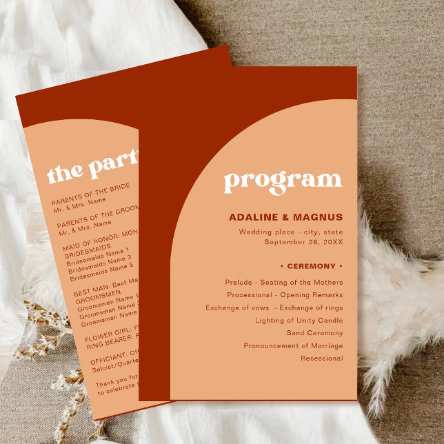 Élégant Chic Pêche Programme de Mariage en Terre C (Elegant chic peach terracotta arch wedding program adds warmth while guiding your ceremony flow.)