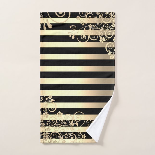 Élégant Chic Rayures Dorées Paillettes Fleurs (Serviette à main)